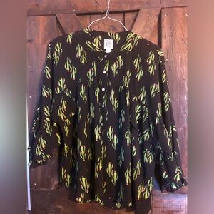 Ivy Jane Black Blouse with Green and Pink Cactus Print